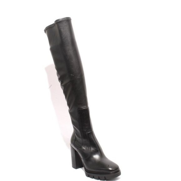 Isabelle 449 Black Leather Stretch Over-Knee Platform Heels Boots - Picture 1 of 8